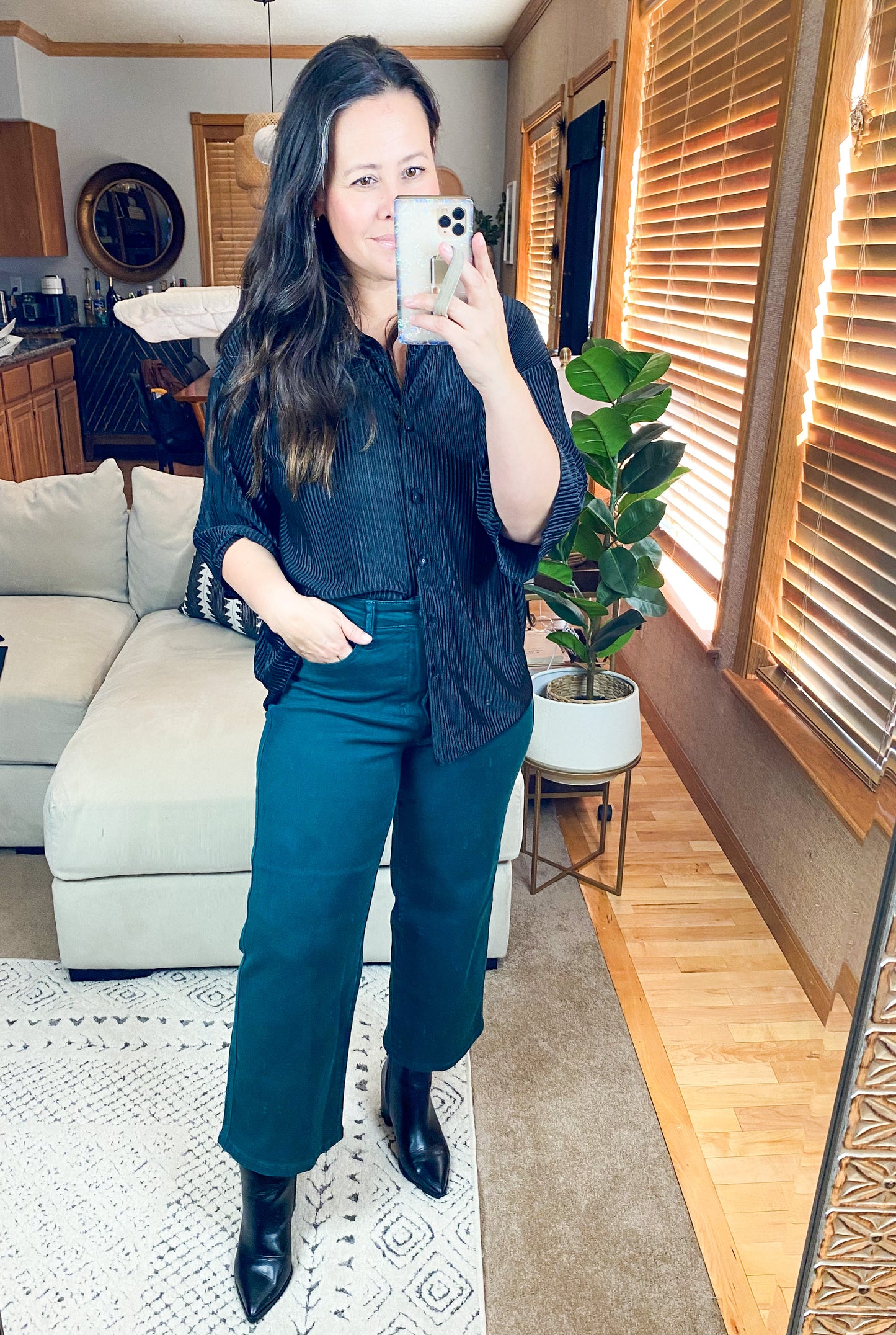 Pleated Button Down Top And Shorts Set in Black