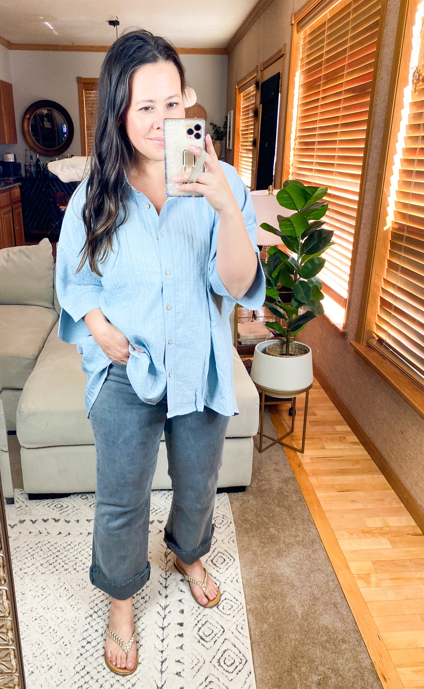 Pleated Batwing Short Sleeve Button Up Top - Multiple Colors