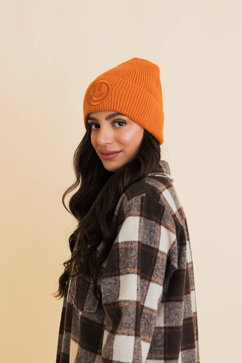 Smiley Face Embroidered Ribbed Knit Beanie: Mustard