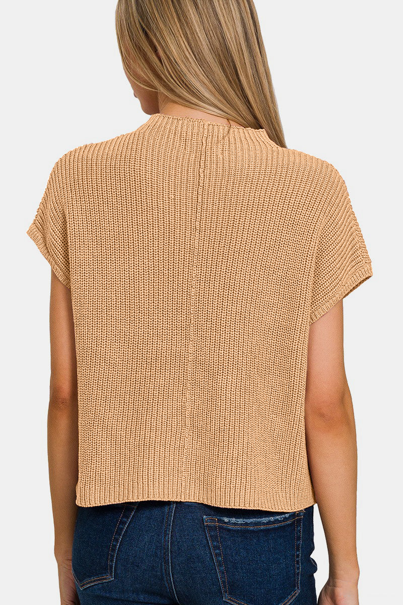 Mock Neck Short Sleeve Cropped Sweater - Tan