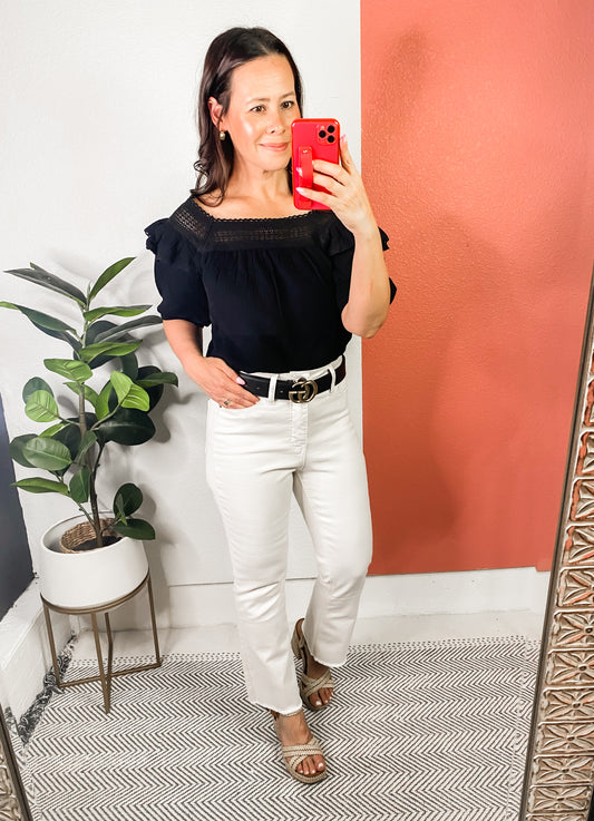 Square Neck Ruffled Blouse in Black