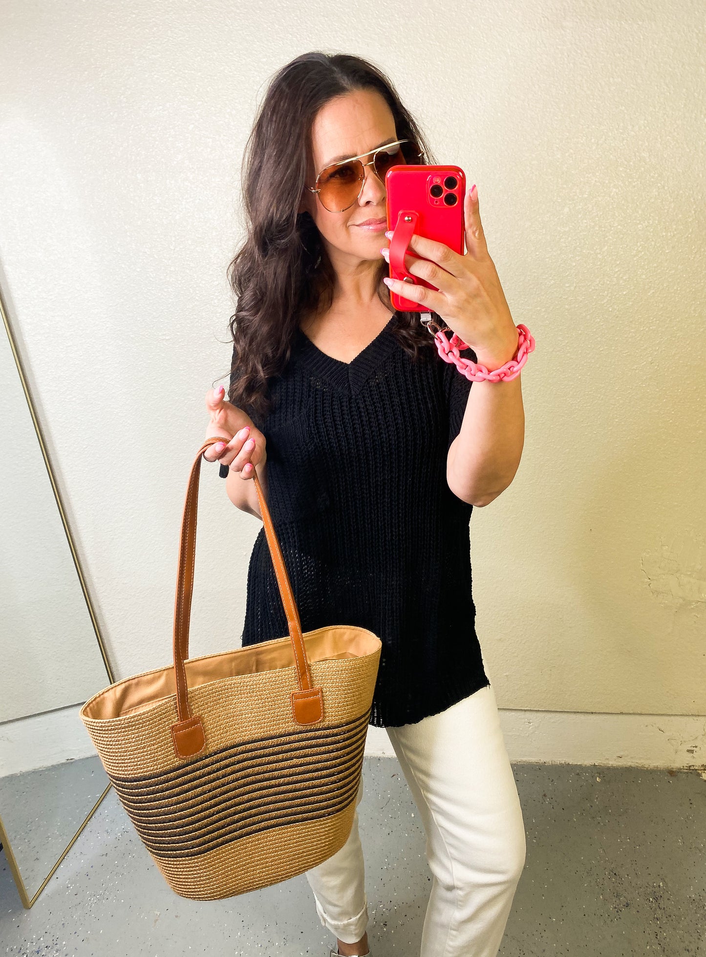 V-Neck Short Sleeve Knit Top in Black