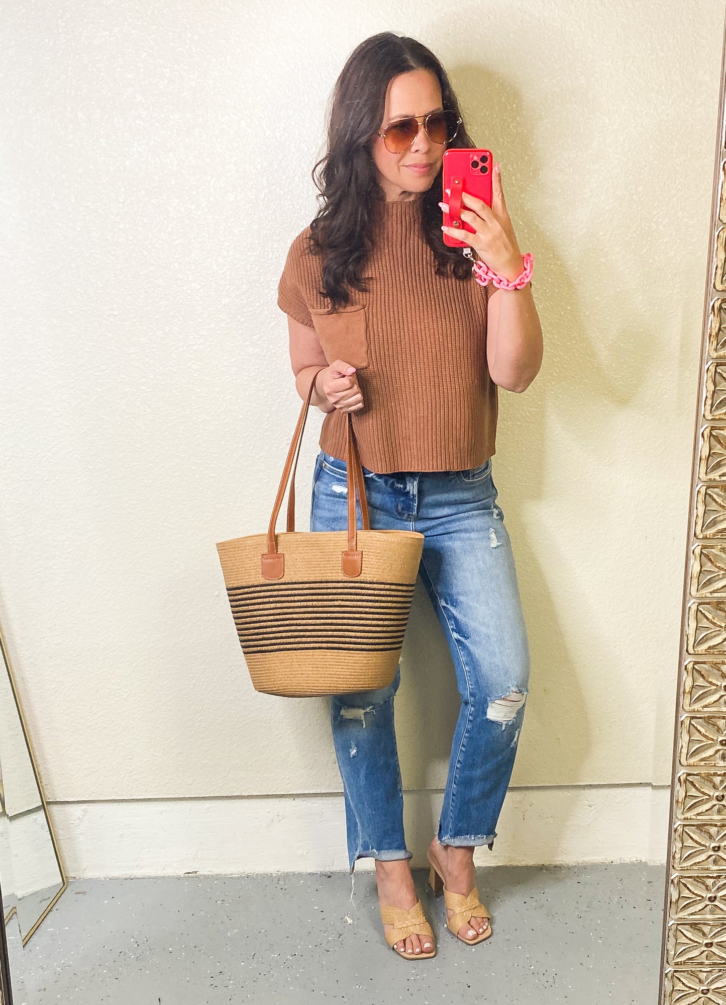 Mock Neck Short Sleeve Cropped Sweater - Tan