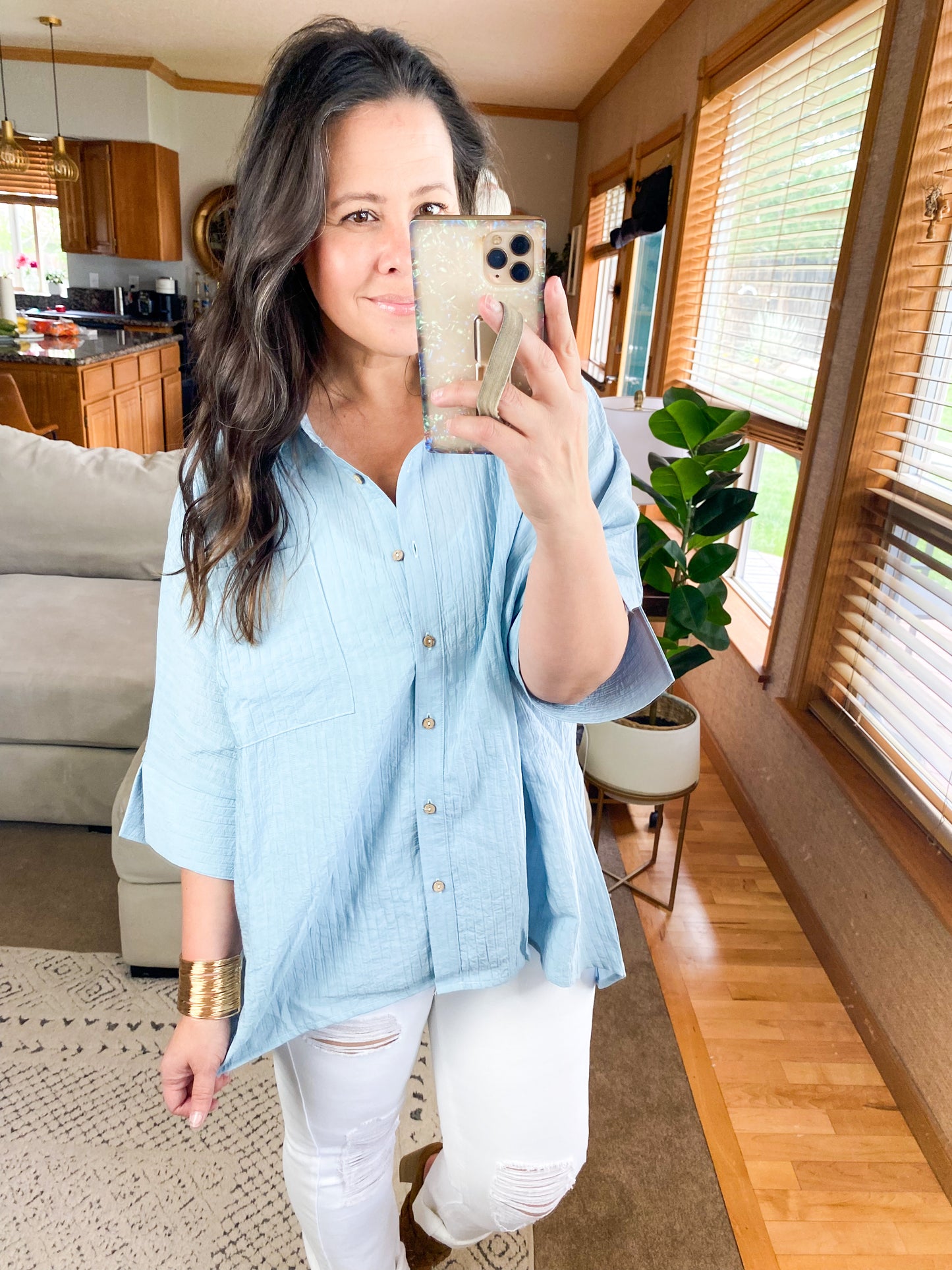 Pleated Batwing Short Sleeve Button Up Top - Multiple Colors