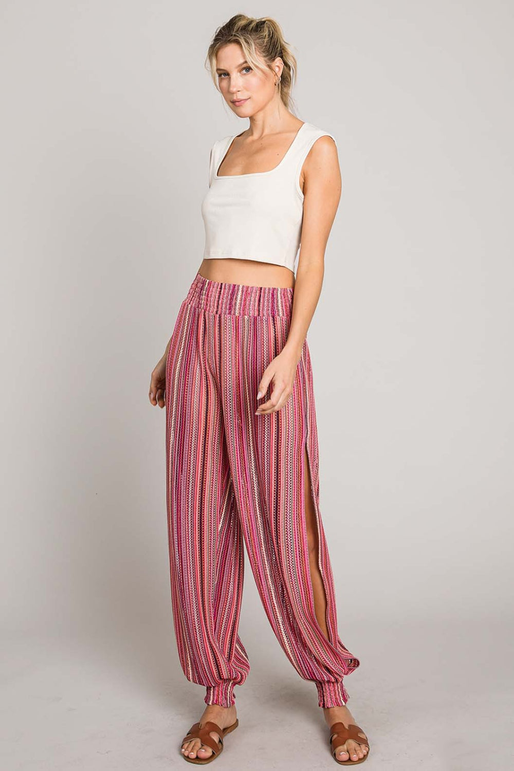 Striped Smocked Cover Up Pants - Fuschia