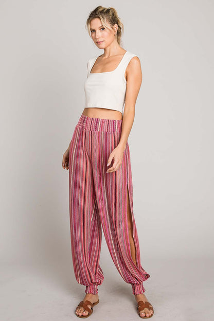Striped Smocked Cover Up Pants - Fuschia
