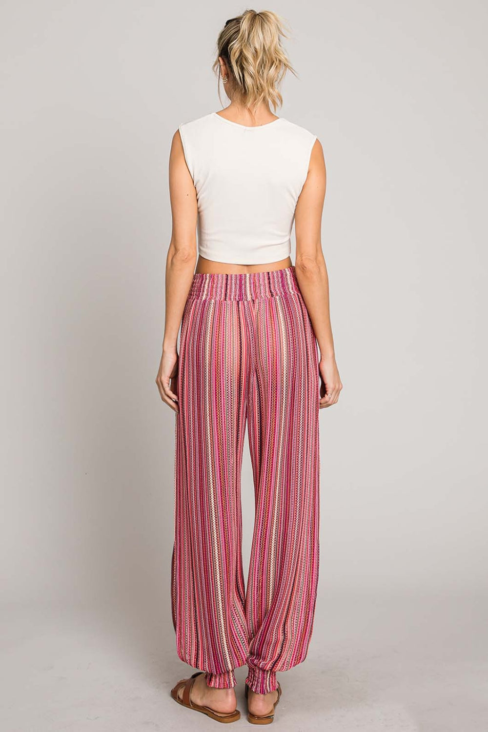 Striped Smocked Cover Up Pants - Fuschia
