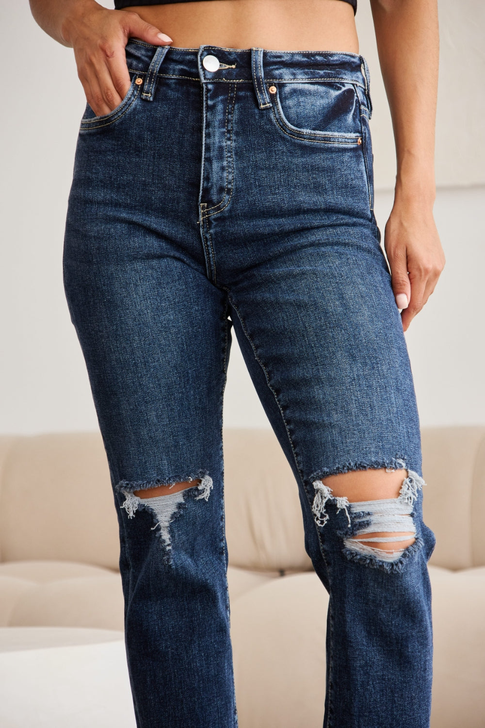 RFM Tummy Control Straight Leg Cropped Jeans - Distressed