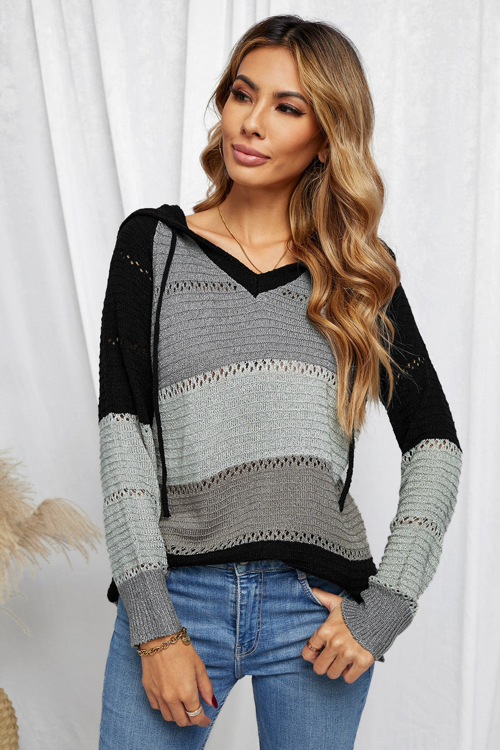 Color Block Knitted Hoodie - Multiple Colors Available