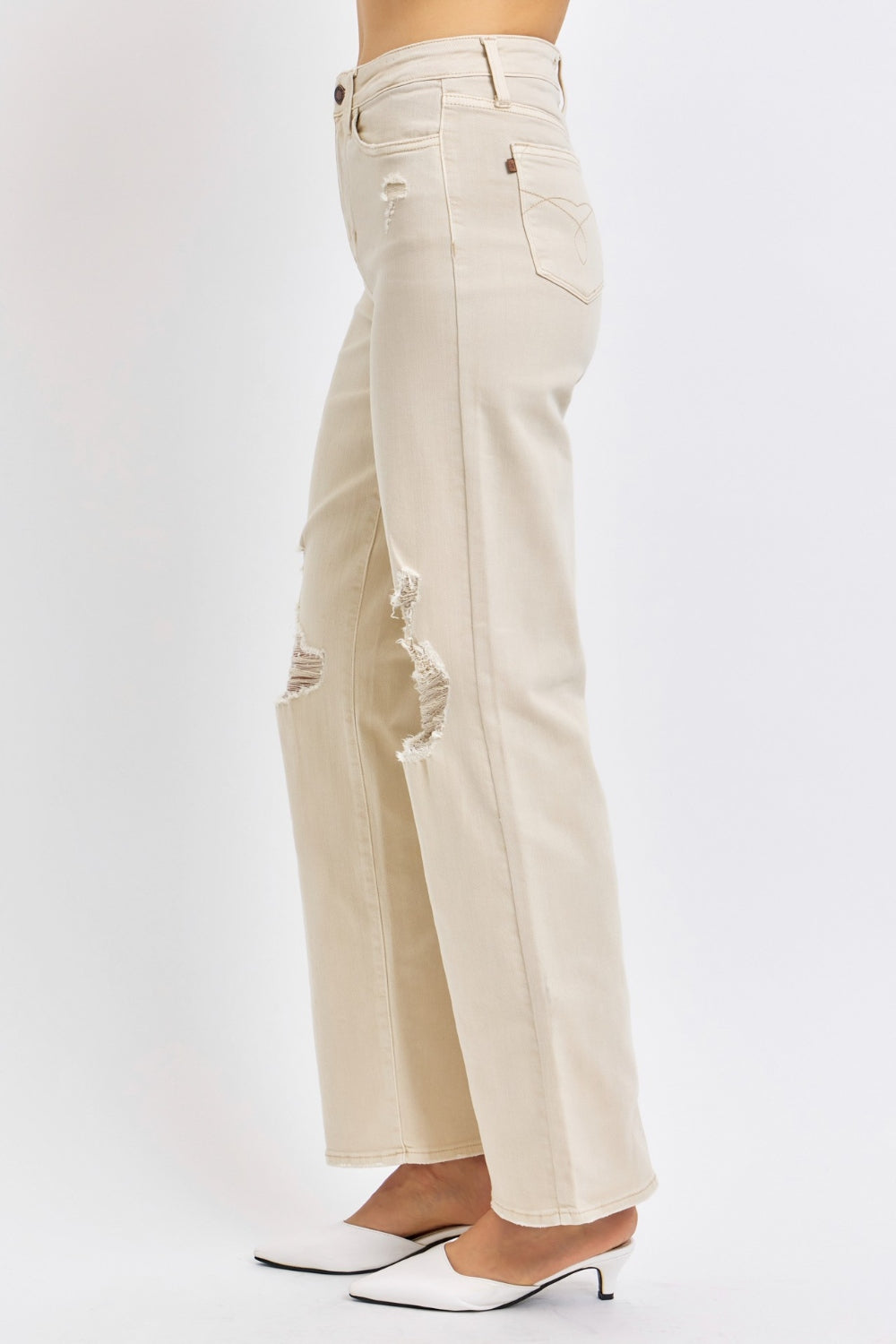 Judy Blue High Waist Distressed Straight Leg Jeans - Bone