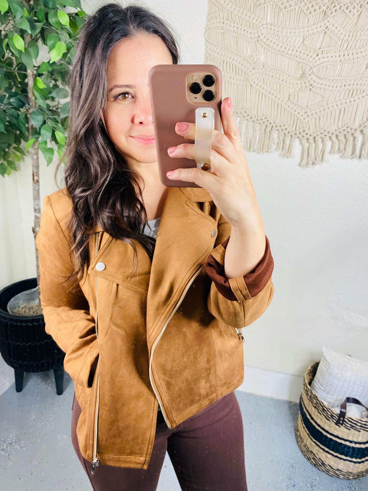 Clara Faux Suede Moto Jacket in Camel