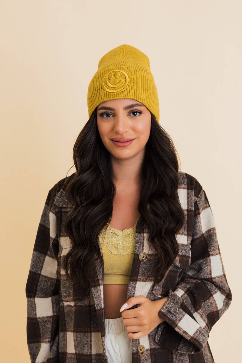 Smiley Face Embroidered Ribbed Knit Beanie: Mustard