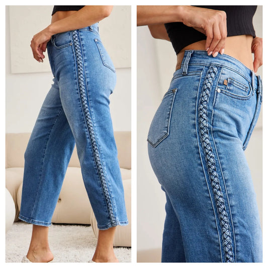 Judy Blue Braid Side Detail Wide Leg Jeans