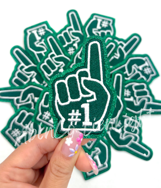 Green #1 foam finger game day trucker hat patch iron on