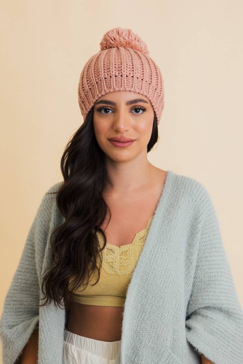Chunky Cable Knit Pom Beanie: Ivory