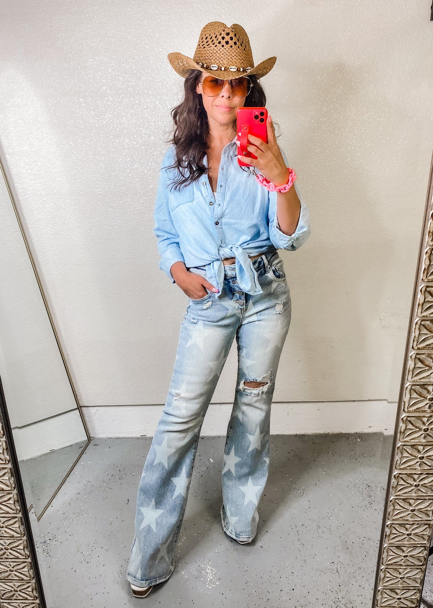 RISEN Mid Rise Button Fly Start Print Flare Jeans