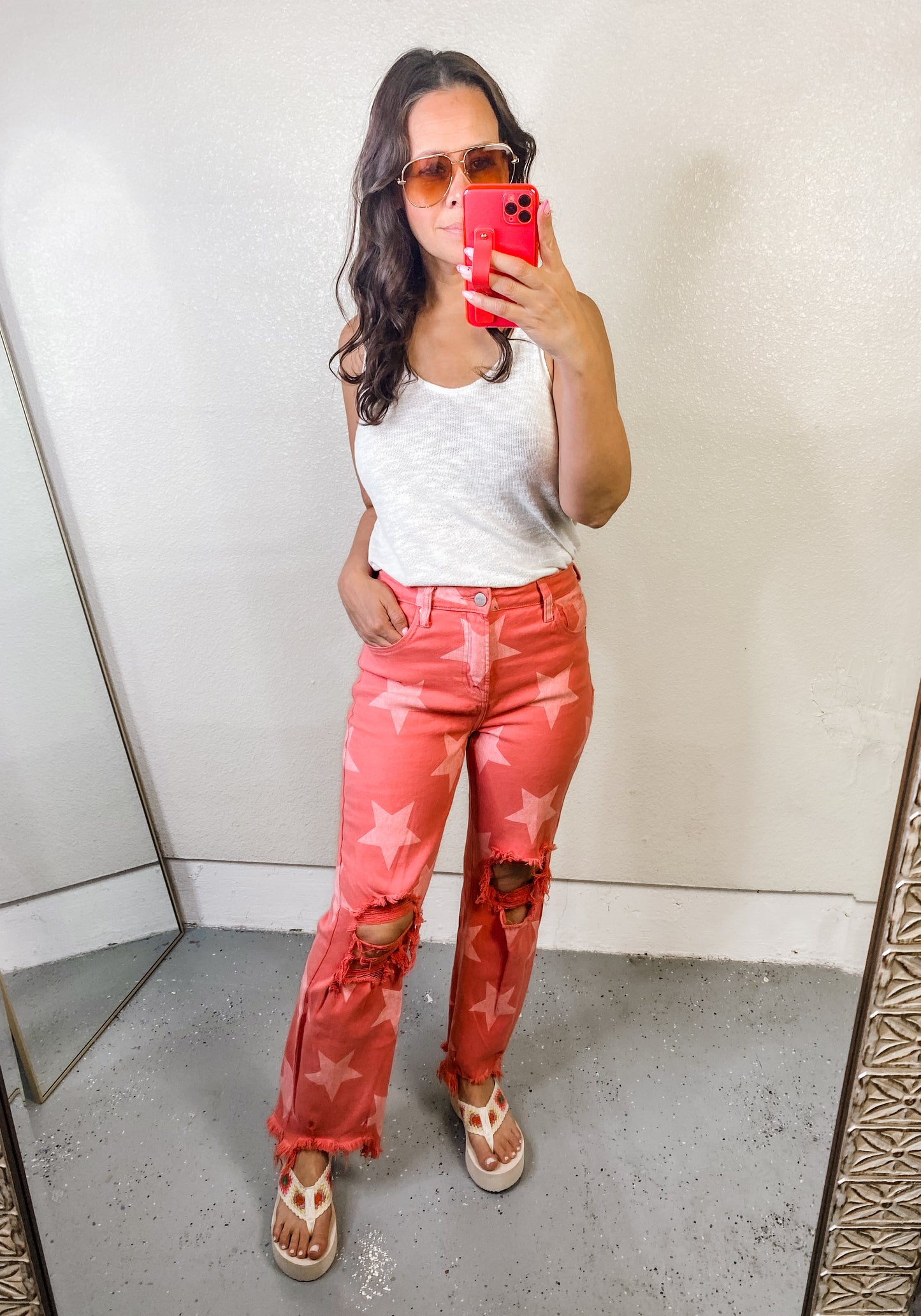 RISEN Distressed Raw Hem Star Pattern Jeans