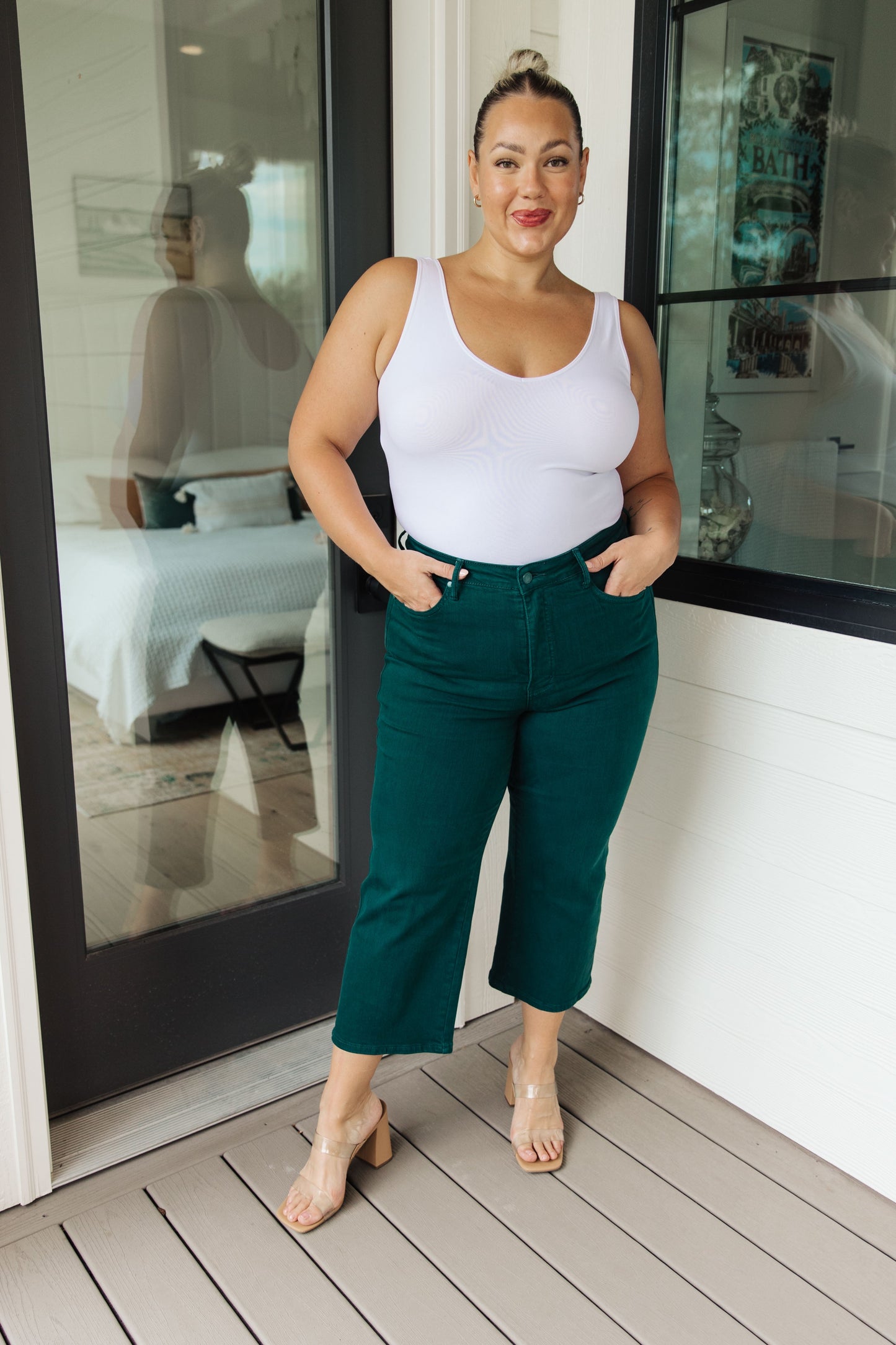 Judy Blue High Rise Tummy Control Wide Leg Crop Jeans in Teal
