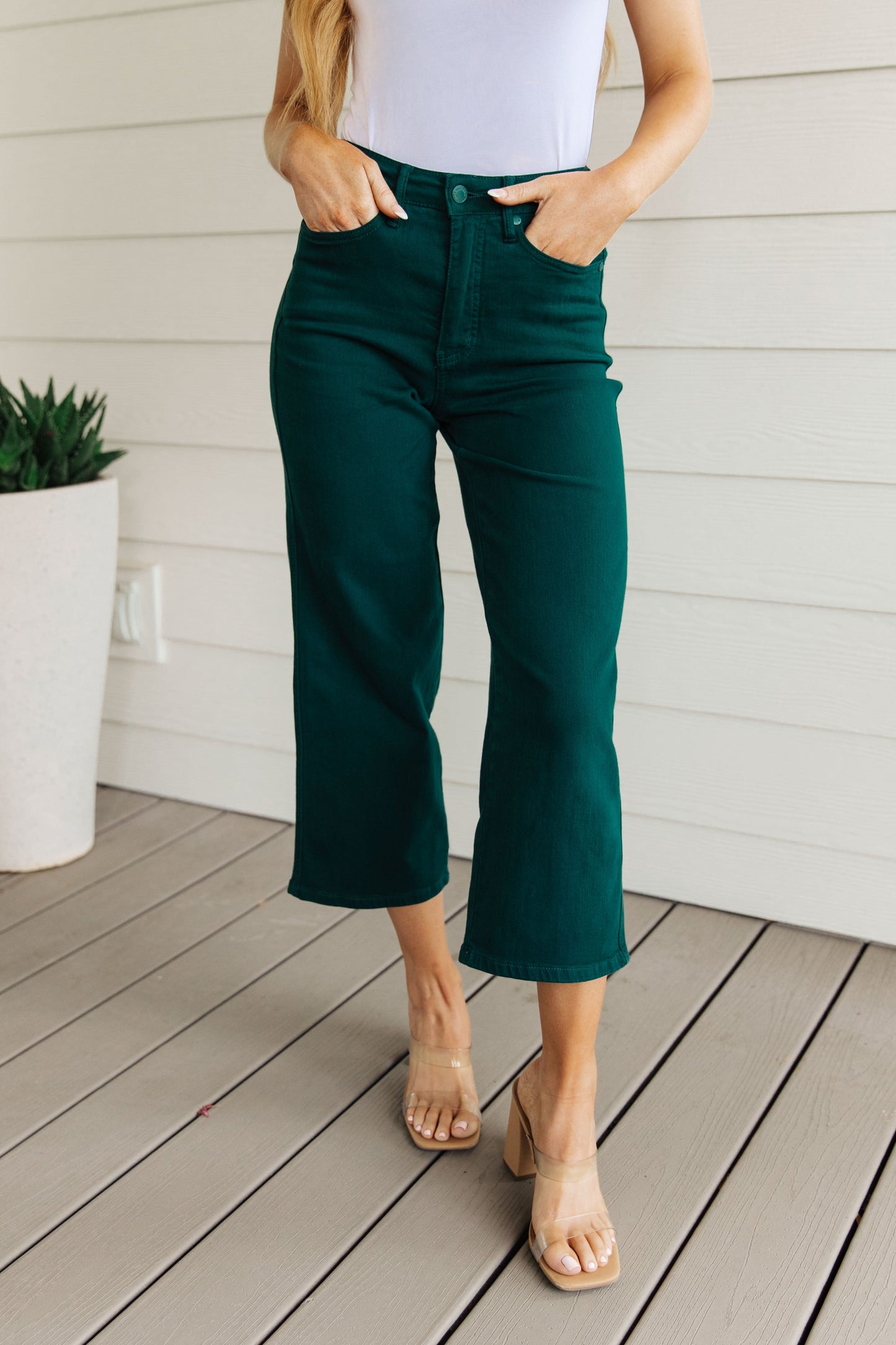Judy Blue High Rise Tummy Control Wide Leg Crop Jeans in Teal