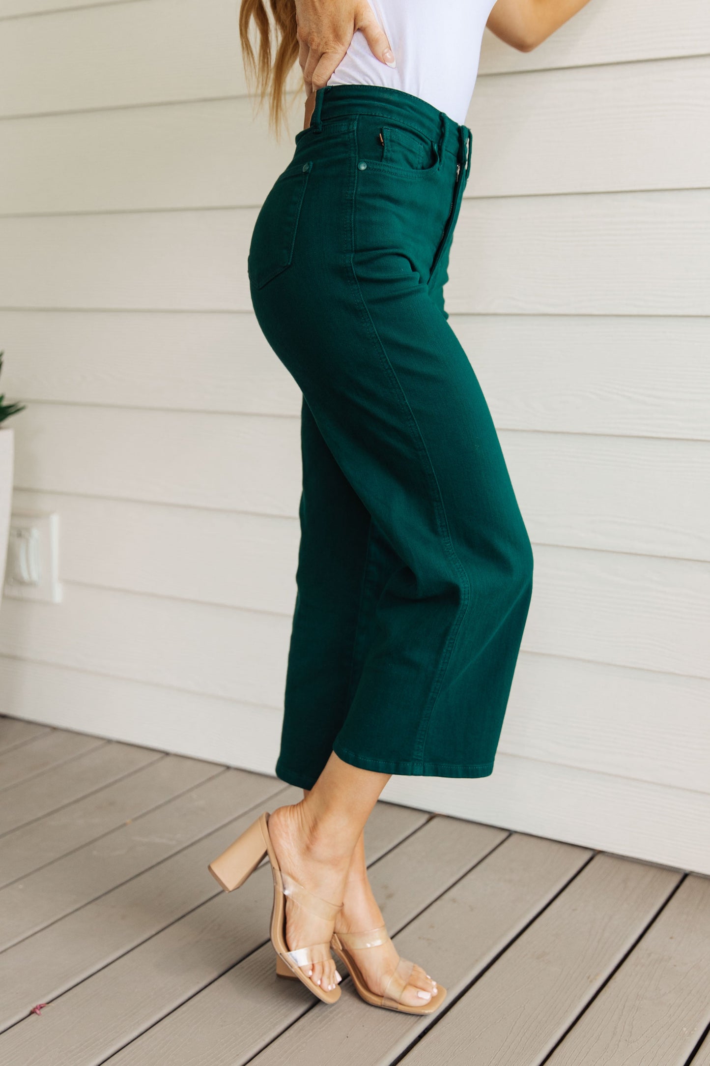 Judy Blue High Rise Tummy Control Wide Leg Crop Jeans in Teal