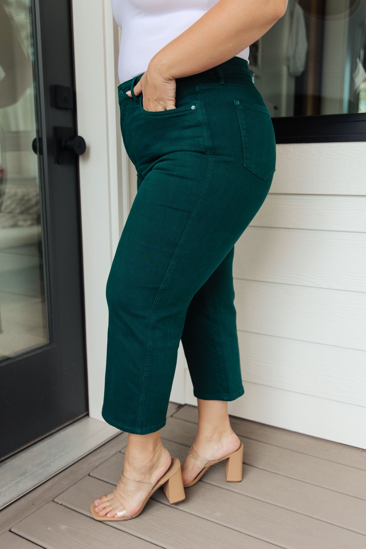 Judy Blue High Rise Tummy Control Wide Leg Crop Jeans in Teal