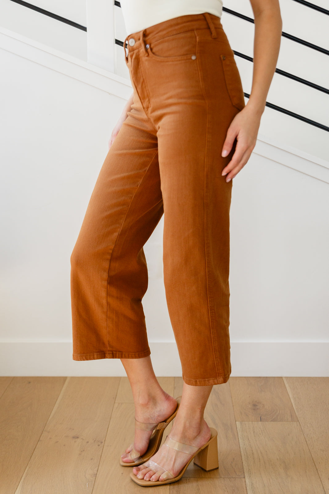 Judy Blue High Rise Tummy Control Wide Leg Crop Jeans in Camel