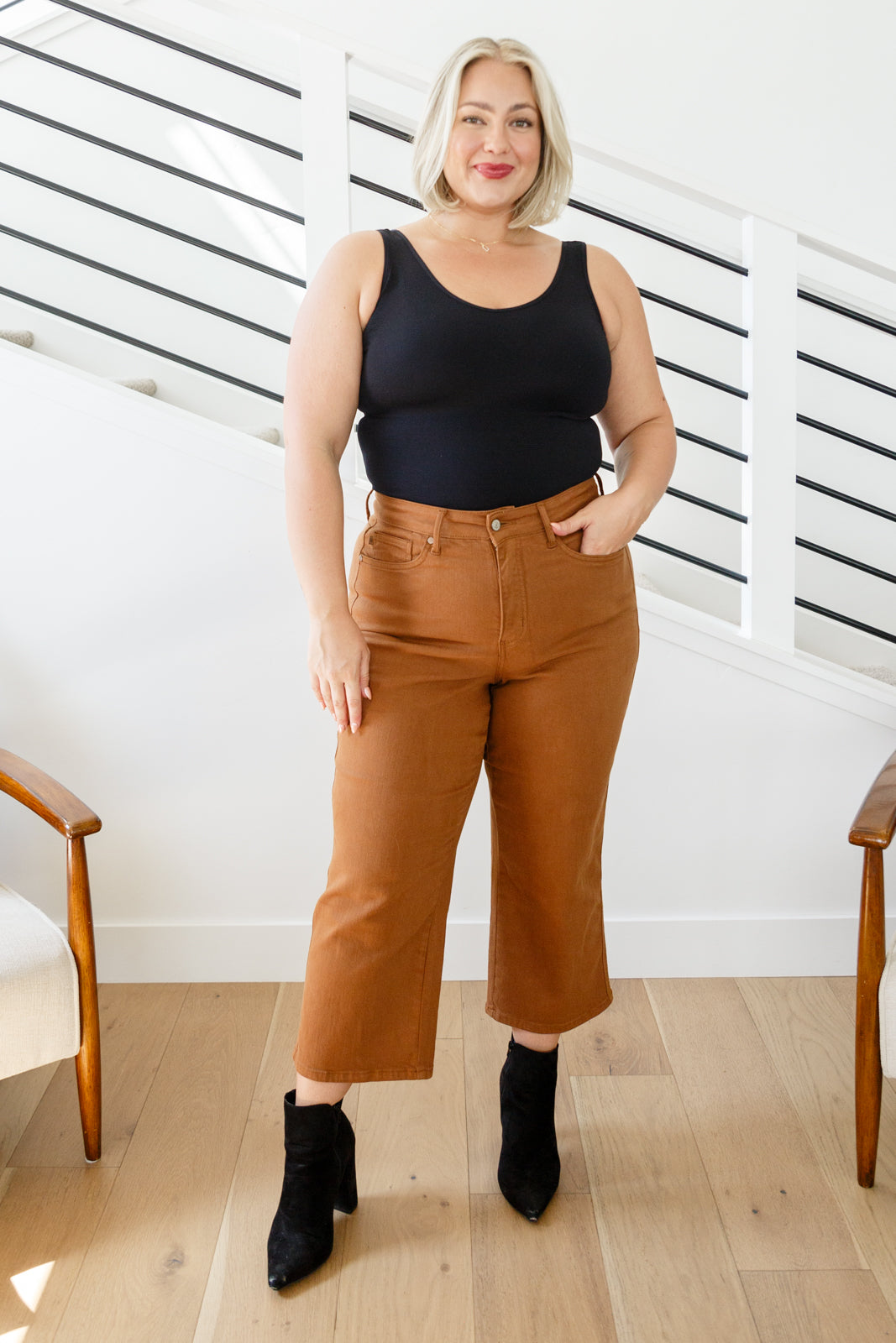 Judy Blue High Rise Tummy Control Wide Leg Crop Jeans in Camel