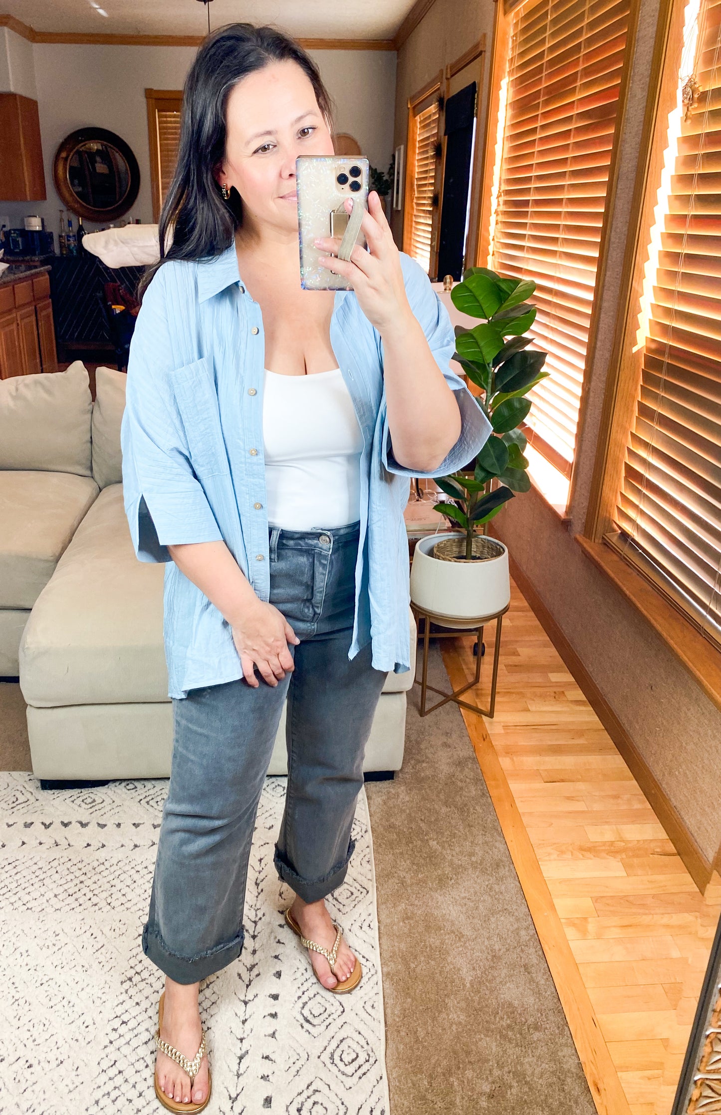 Pleated Batwing Short Sleeve Button Up Top - Multiple Colors