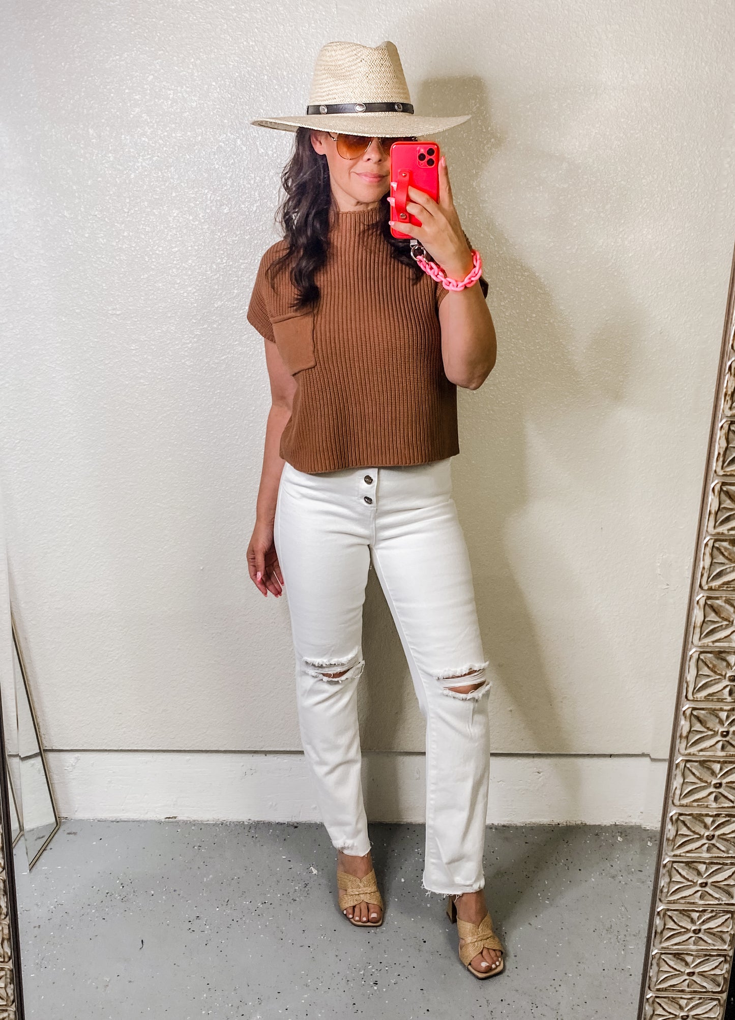 Mock Neck Short Sleeve Cropped Sweater - Tan