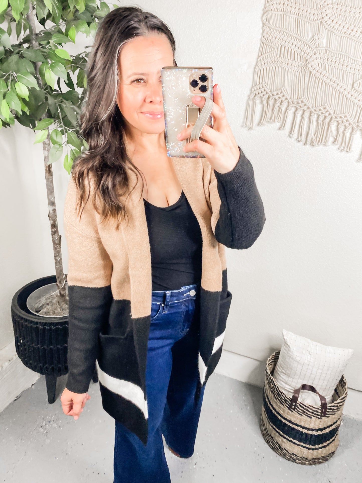 Latte Colorblock Cardigan With Patch Pockets