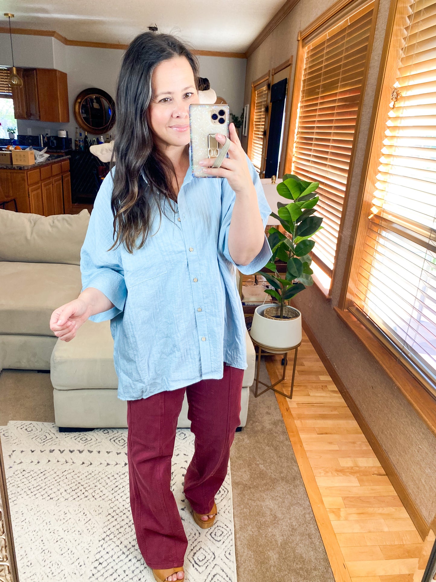 Pleated Batwing Short Sleeve Button Up Top - Multiple Colors