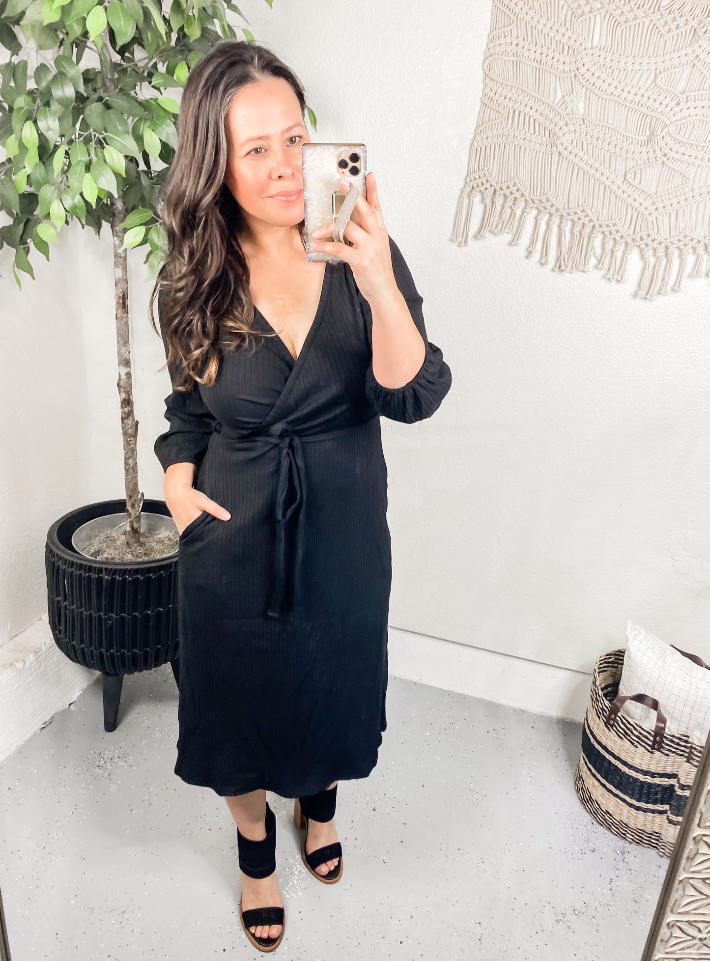 Classic Wide Ribbed Faux Wrap Dress