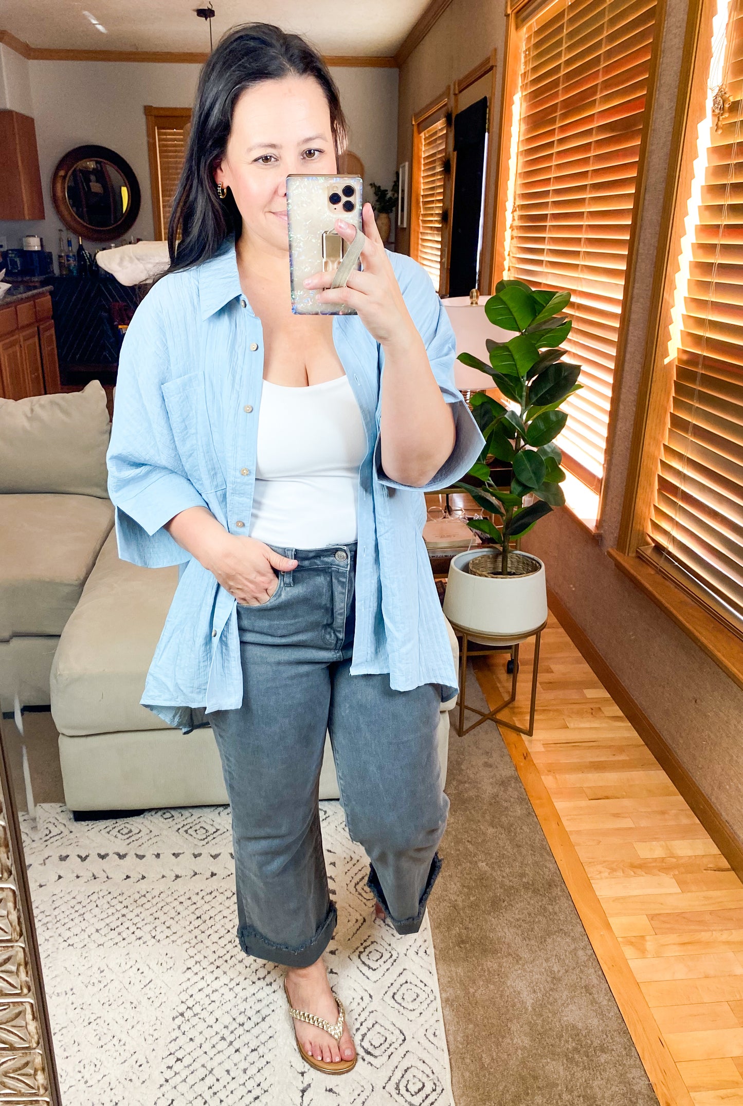 Pleated Batwing Short Sleeve Button Up Top - Multiple Colors