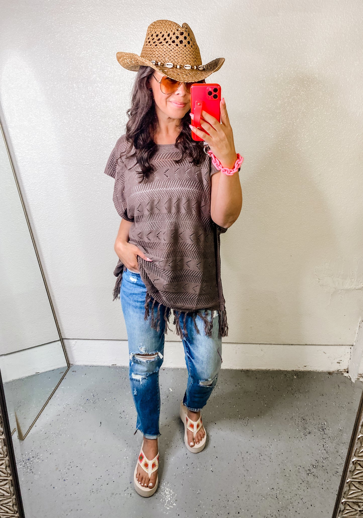 Fringed Hem Short Sleeve Knit Top