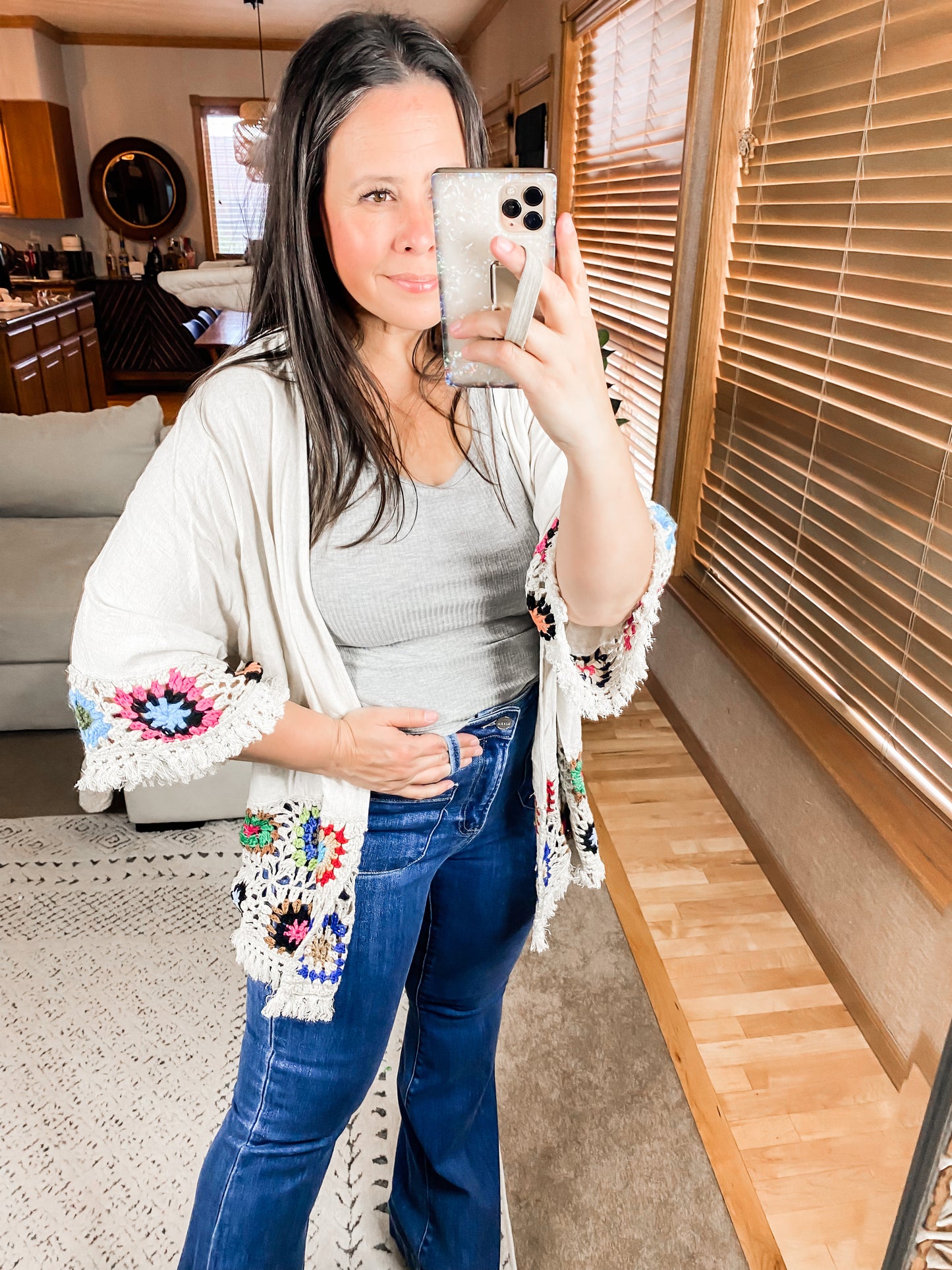 Linen Blend Patch Crochet Kimono