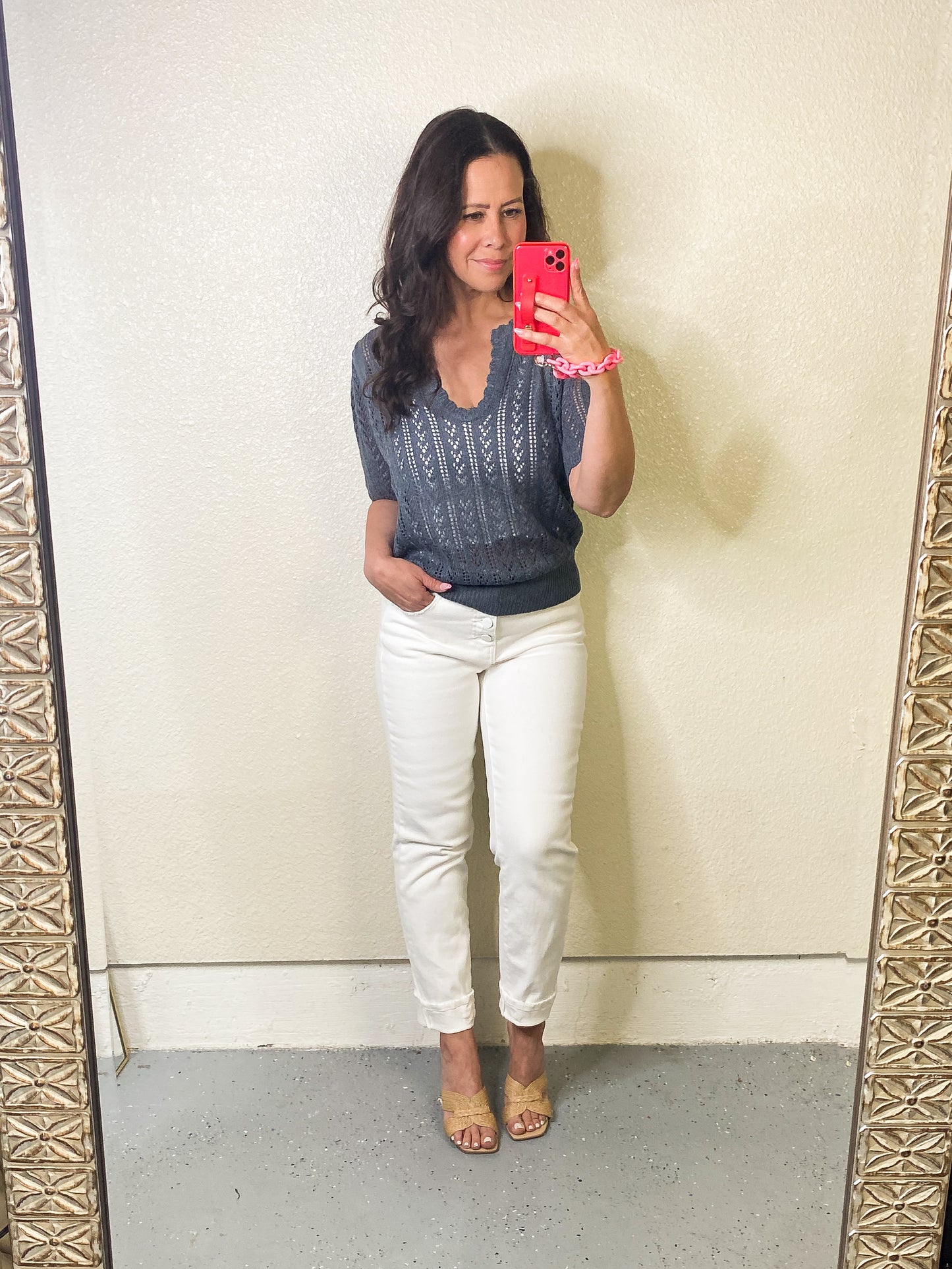 Eyelet Puff Sleeve Knit Top in Charcoal