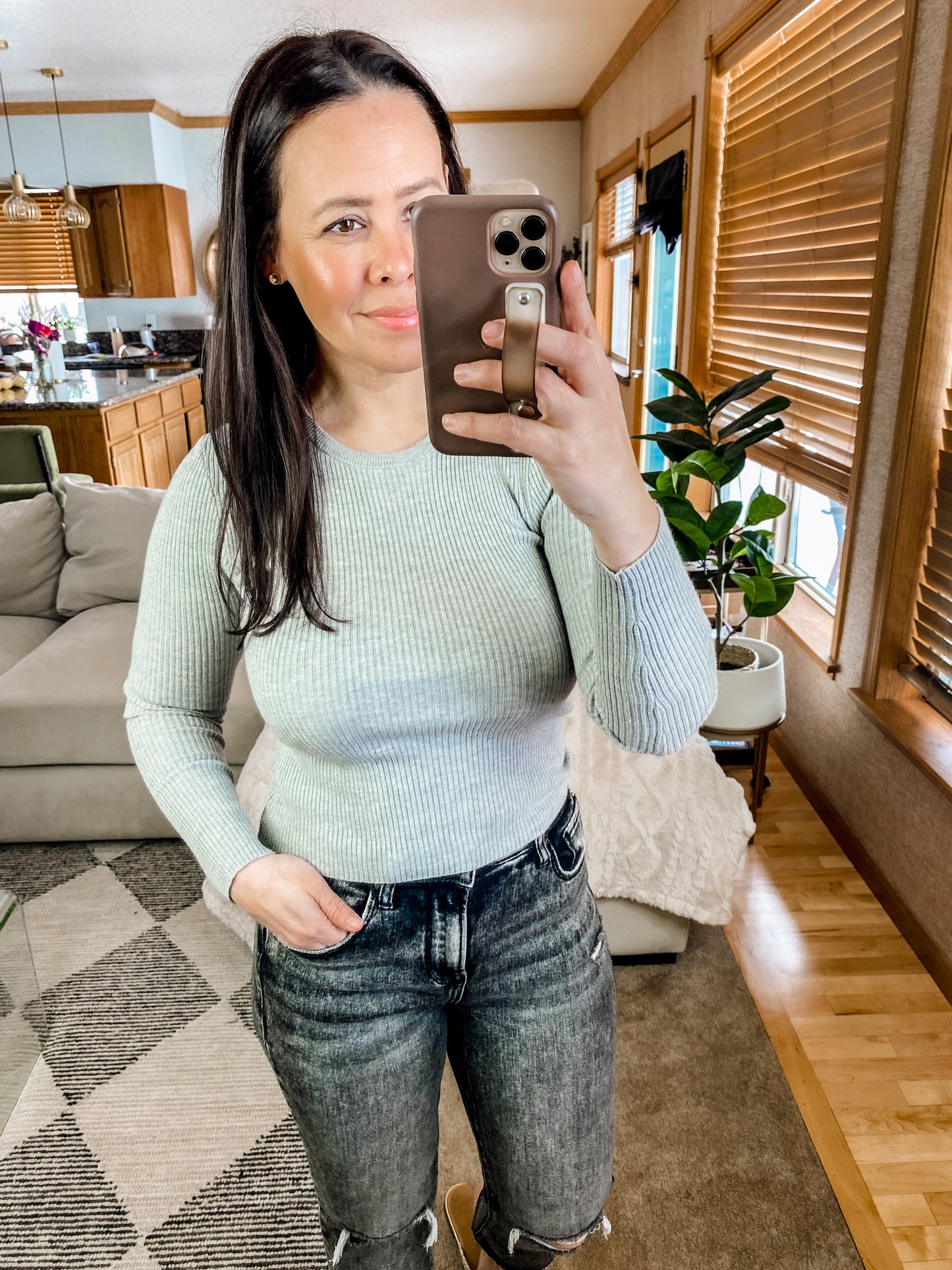 Ribbed Round Neck Long Sleeve Knit Top