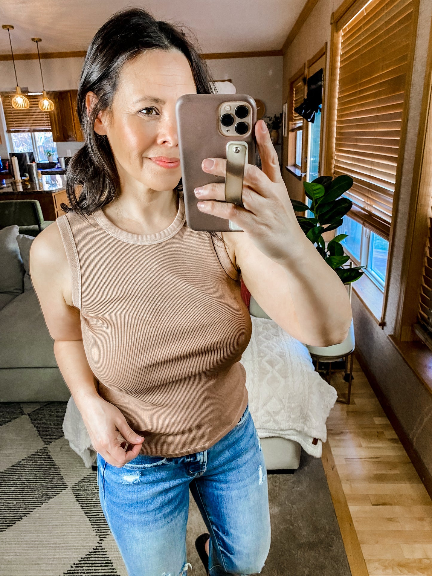 Round Neck Ribbed Cropped Tank in Mocha