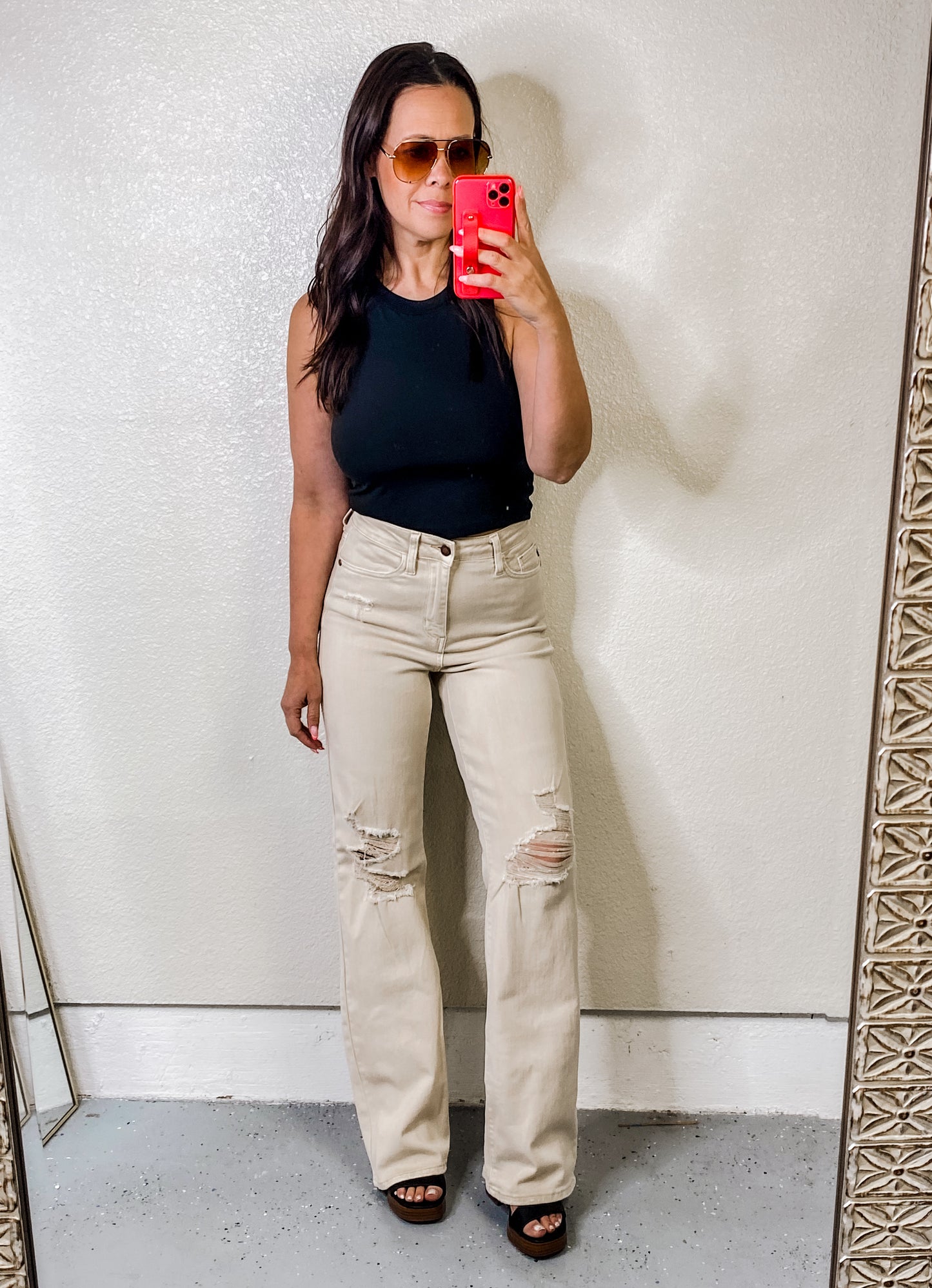 Judy Blue High Waist Distressed Straight Leg Jeans - Bone