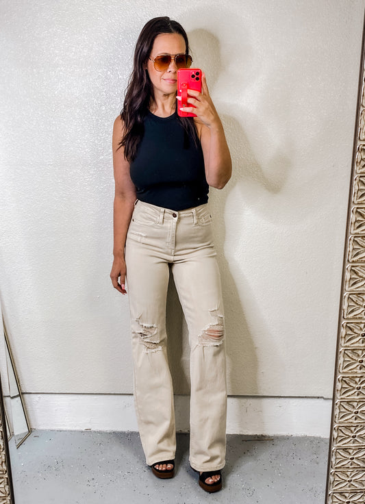 Judy Blue High Waist Distressed Straight Leg Jeans - Bone