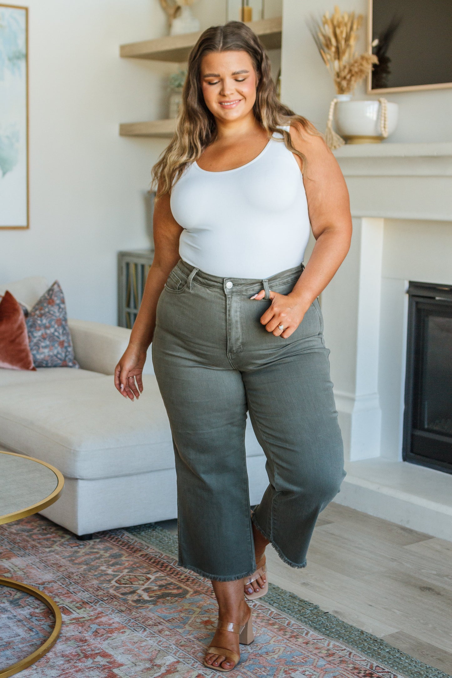 Judy Blue Wide Leg Crop Jeans in Olive
