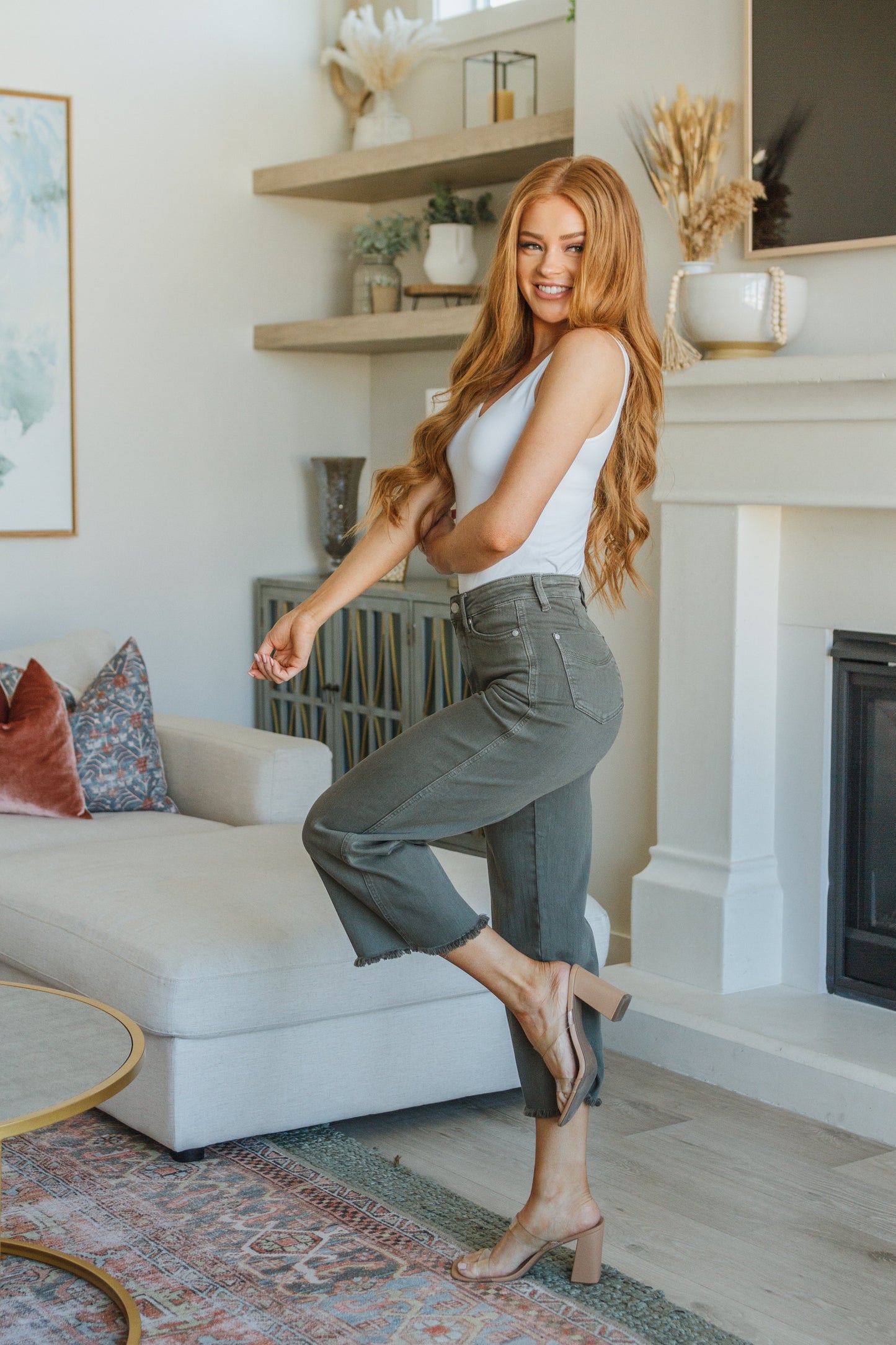 Judy Blue Wide Leg Crop Jeans in Olive