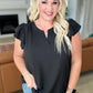 Crinkle Split Neckline Flutter Sleeve Top In Black