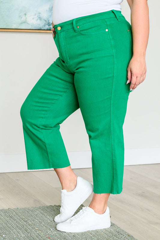 Judy Blue Tummy Control Wide Leg Crop Jeans in Kelly Green