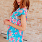 Lizzy Flutter Sleeve Top in Blue and Pink Roses