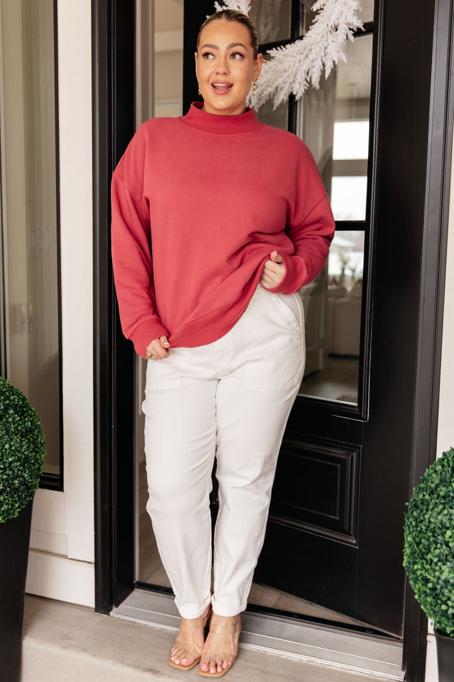 Leena Mock Neck Pullover in Cranberry