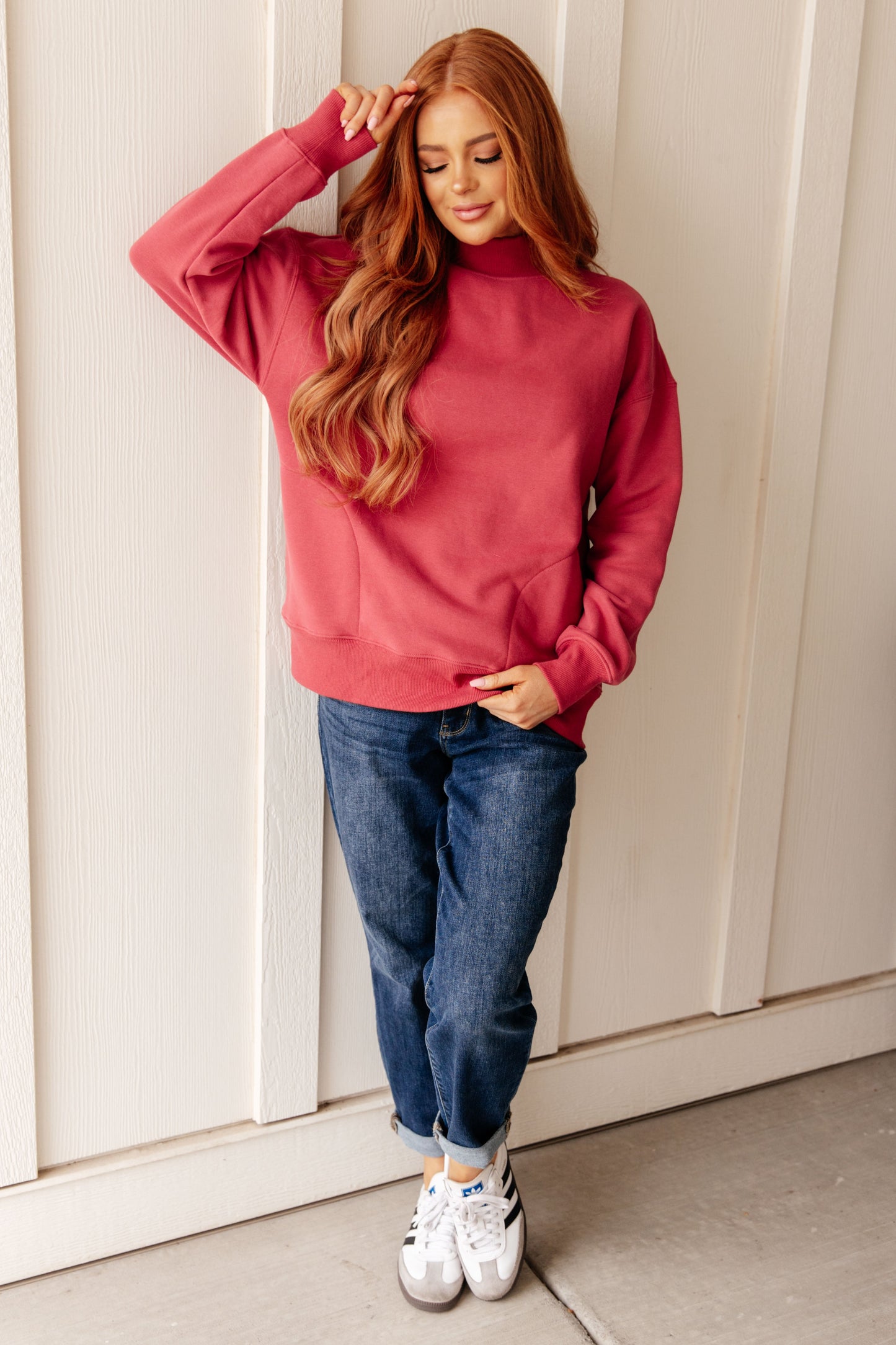 Leena Mock Neck Pullover in Cranberry