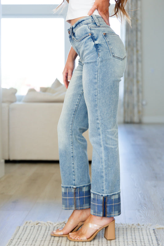 Judy Blue High Rise Plaid Cuff Vintage Straight Jeans