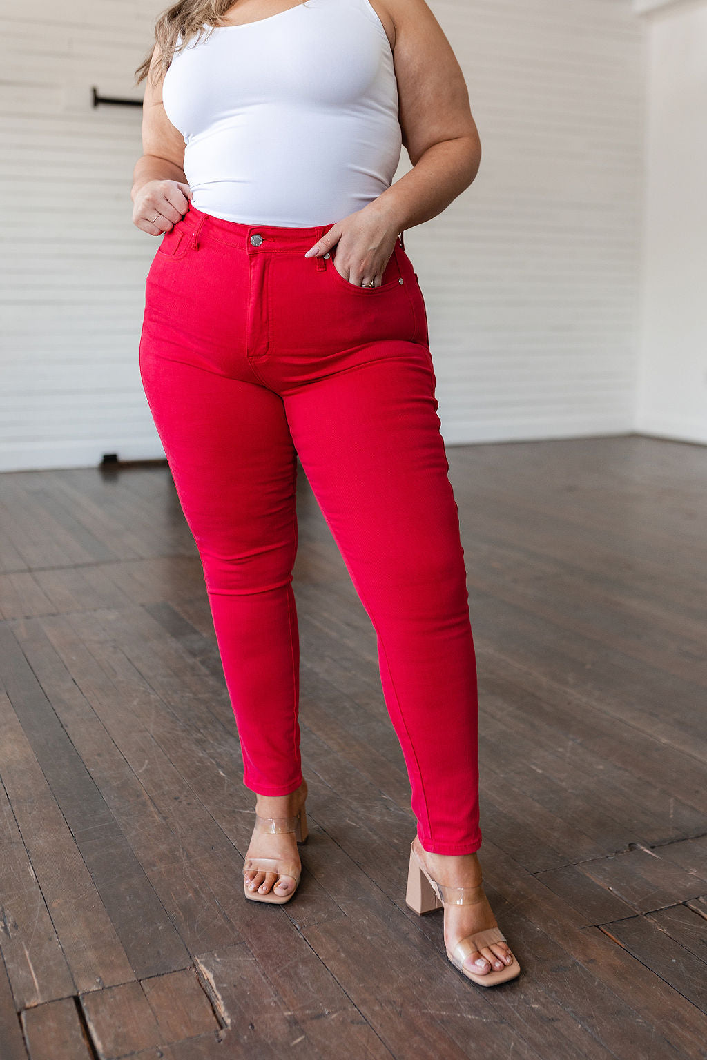 Judy Blue High Rise Control Top Garment Dyed Skinny Jeans in Ruby