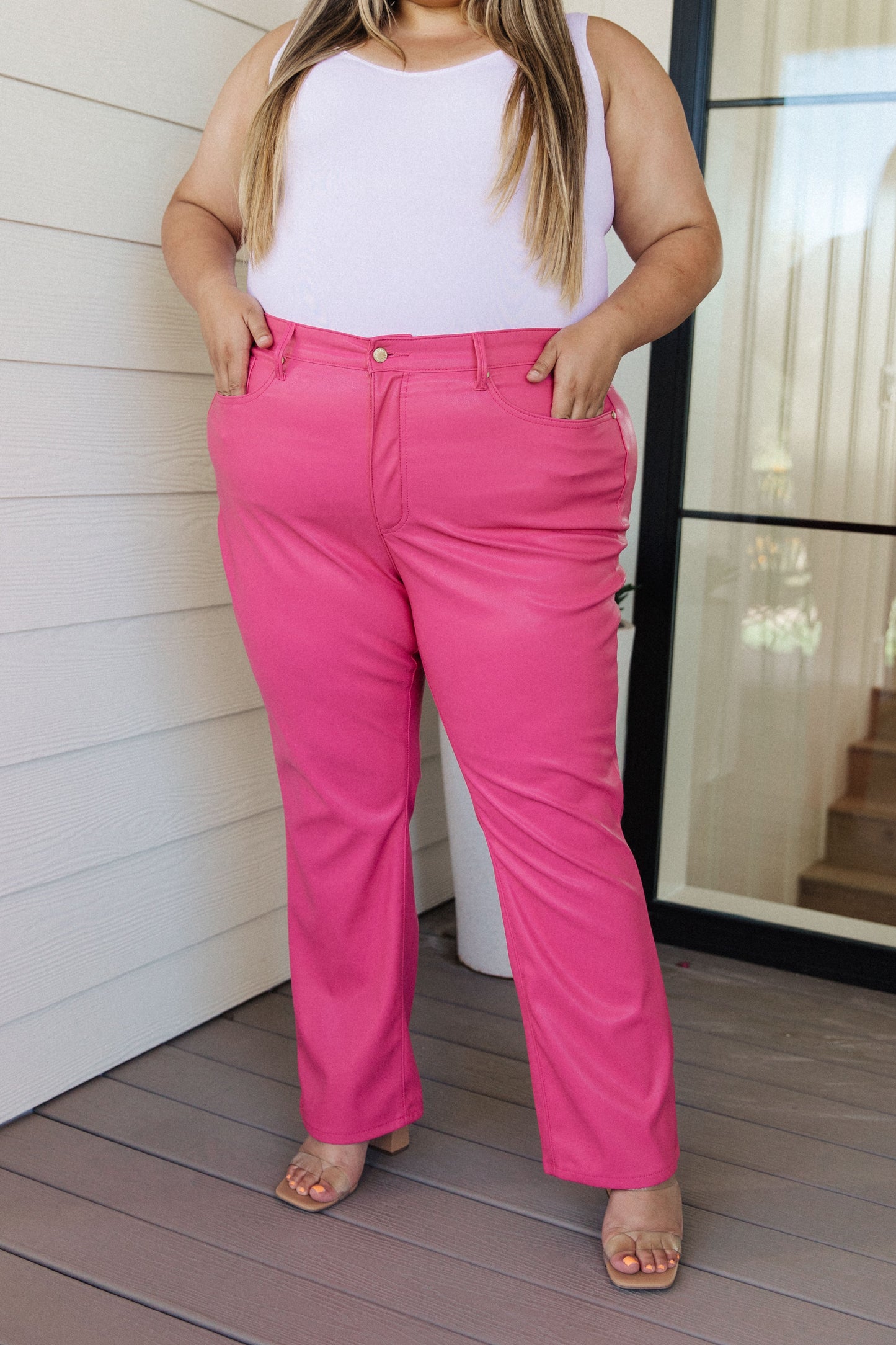 Judy Blue Tummy Control Faux Leather Pants in Hot Pink